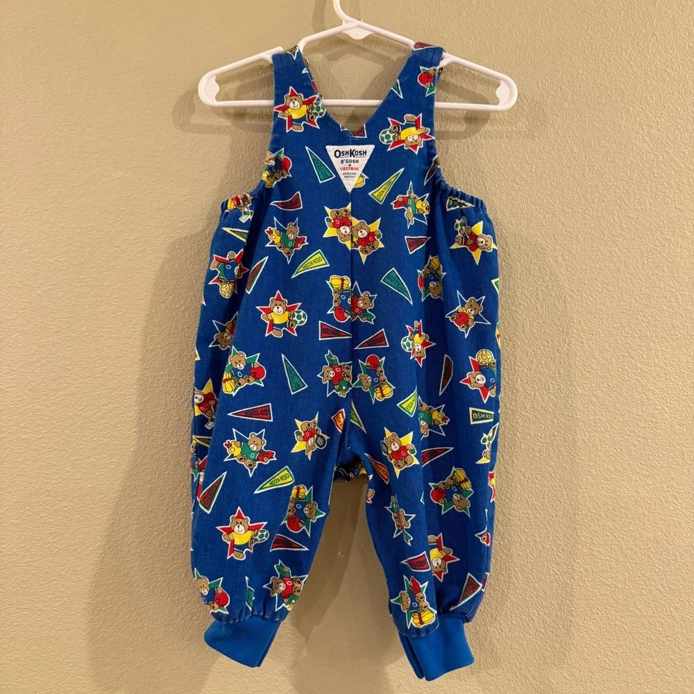OshKosh B'gosh Overalls Vestbak Kids 12M Blue Sports Bear Vintage Kidcore 90s